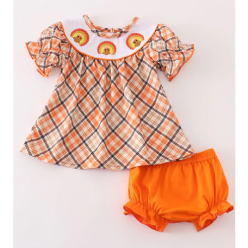 Orange turkey embroidery baby girl set