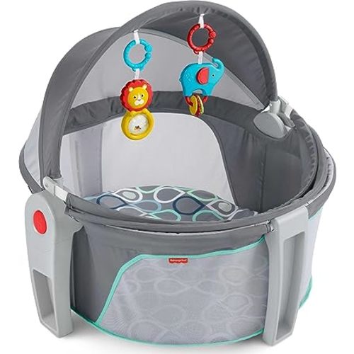 Fisher-Price Portable Bassinet On-The-Go Baby Dome, Travel Play Space with Developmental Newborn Toys & Canopy, Grey Bubbles