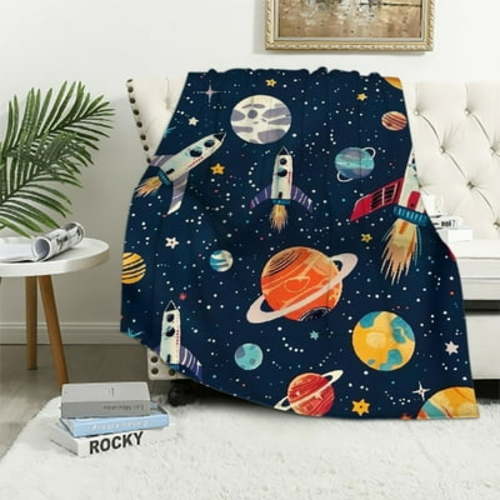 PRATYUS Outer Space Blanket for Boys, Soft Space Astronaut Theme Flannel Blanket for Nursery Baby Crib, Cozy Warm Navy Blue Rocket Galaxy Planet Fuzzy Throw Blanket Gift 40x50in