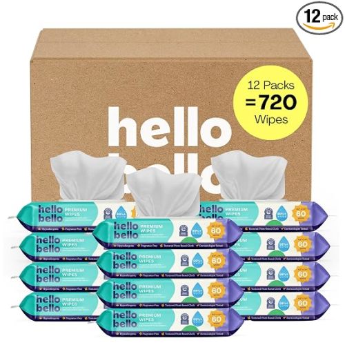Hello Bello Premium Fragrance-Free Baby Wipes, with Chamomile & Aloe Extracts for Sensitive Skin - 12 Resealable Packs = 720 Total Wipes