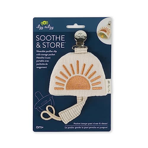 Itzy Ritzy Soothe & Store Pacifier Clip and Storage Pouch; Wearable Pacifier Strap Includes Storage Pocket with Closure; (Pacifier Not Included) Terracotta Sun