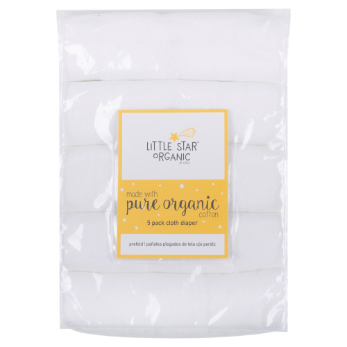 Little Star Organic 100% Pure Organic Cotton Prefold Reusable Diaper Inserts (One Size), 5Pk, White-White