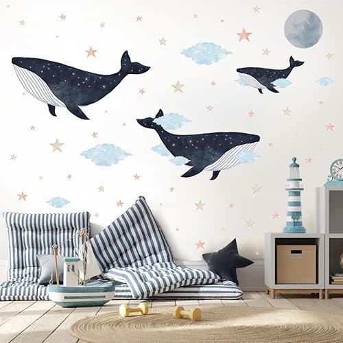 OLMIXA Watercolor Whale Wall Decal, Sea Animal with Moon Stars Clouds Wall Stickers, Vinyl Undersea Ocean Themed Wall Art for Nursery Toddler Room Playroom Decor