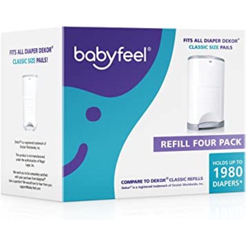 Babyfeel Refills Compatible with DEKOR CLASSIC Diaper Pails | 4 Pack | Exclusive 30% Extra Thickness | Diaper Pail Refills with Powerful Odor Elimination | Powder Scent | Holds up to 1980 Diapers