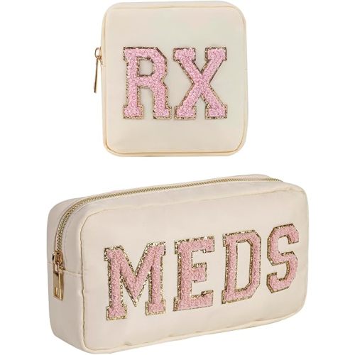 2Pcs Chenille Letter Patch Nylon Medicine Makeup Bag Set,Cute MEDS Travel Makeup Bag with Metal Zipper, First Aid Purse Organizer Cosmetic Bag for Women and Girls(Beige MEDS-RX)