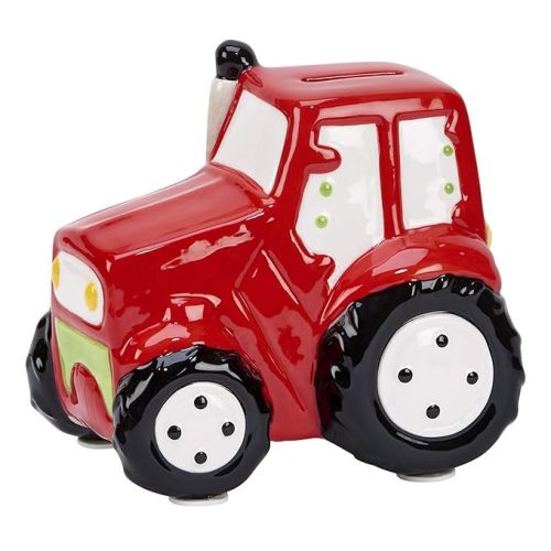 Red Harvesting Farm Tractor Piggy Bank, 6" x 6", Shiny Ceramic Finish, Gift Box Included