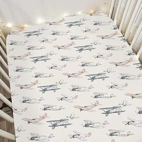 Vintage Planes Baby Crib Sheets for Boy Girl 52"x28" Retro Airplanes Sky Soft Stretchy Fitted Crib Mattress Cover Travel Adventure Baby Sheet for Standard Crib & Toddler Mattress Pad