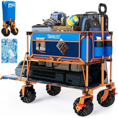 400L Collapsible Double Decker Beach Wagon with Brakes, Folding Beach Cart with 54" Extra Long Decker, 450LBS Heavy Duty Wagon Chart with All-Terrain Big Wheels for Sand Camping Garden