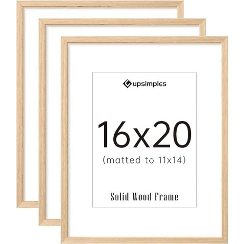 upsimples 16x20 Frames Set of 3, Natural Solid Wooden Picture Frames, Display 11x14 with Mat or 16 x 20 Without for Vertical or Horizontal Wall Hanging