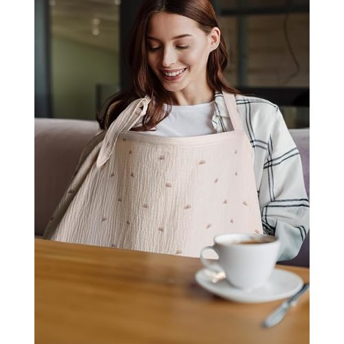 Blissful Diary Muslin Nursing Cover for Breastfeeding, Breathable Breastfeeding Cover up with Arch Neckline for Women, Nursing Apron (Rainbow)