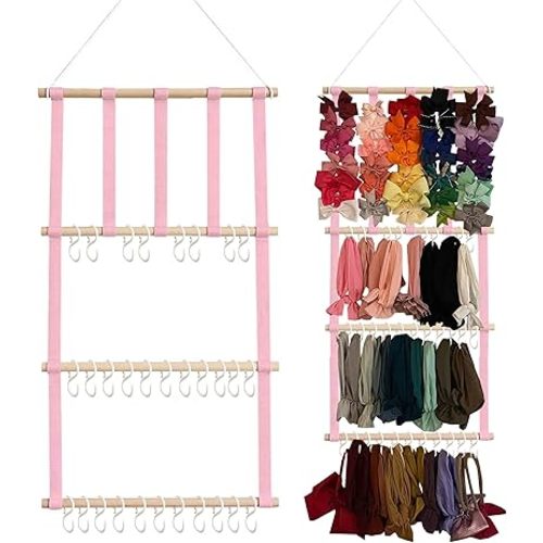 Headband Holder Hair Bows Organizer for Baby Girls Large Capacity Bow Holder Hair Accessories Wall Hanging Organizer for Toddler Baby Girl Nursery Room Decor (Pink)