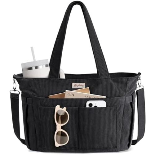 Corduroy Tote Bag for Women, 17 Pockets Laptop Work Tote Bag Lightweight Teacher Nurse Bible Bag for School Travel