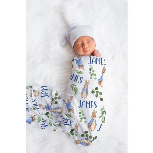 Peter Rabbit Baby Name Swaddle, Greenery Boy Blanket, Personalized Receiving Blanket, Baby Shower Gift, Custom Boy Bedding, Eucalyptus,