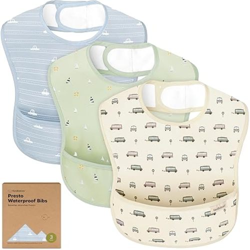 3-Pack Waterproof Bibs for Babies, Toddlers 1-3 - Lightweight & Large Toddler Feeding Bibs with Food Catcher, Mess Proof, Food-Grade Baby Eating Essentials, Easy Clean & Wipeable (Vessels)