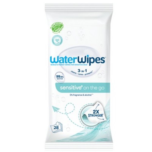 WaterWipes Sensitive+ On The Go Wipes, 3-In-1 Cleans, Cares, Protects, 99.9% Water, Unscented & Hypoallergenic - 28ct