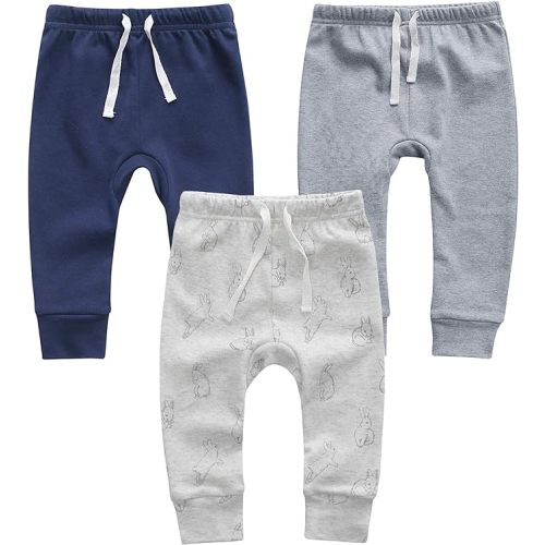 Owlivia Organic Baby Pant Legging Jogger for Infant, Baby Boy, Baby Girl, Toddler - 3-6 Months - Navy & Grey Melange & Grey Rabbit