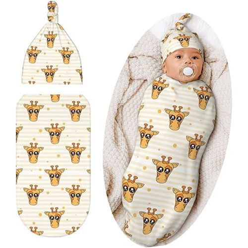 Cute Cartoon Giraffe Baby Stuff Swaddle Blanket Hat Set for Boys Girls, Soft Newborn Sleeping Sack Receiving Blanket Shower Gift