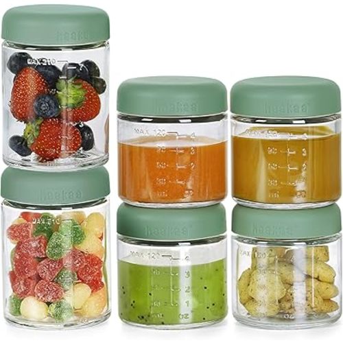 haakaa Baby Food Containers Glass,100% Leak-Proof Baby Jars with Silicone Lid, Premium Borosilicate Glass,Fridge –Freezer & Microwave Safe,4 PCS 4 OZ & 2 PCS 7oz,Pea Green