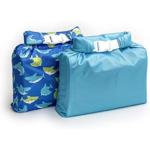 Set of 2 Water Resistant Wet Bags for Storing Laundry or Cloth Diapers Travel Size Wet Bag Daycare Beach Pool Wet Swimsuit Roll Top for Air Tight Odor Contained Washable Reusable (Sharks)