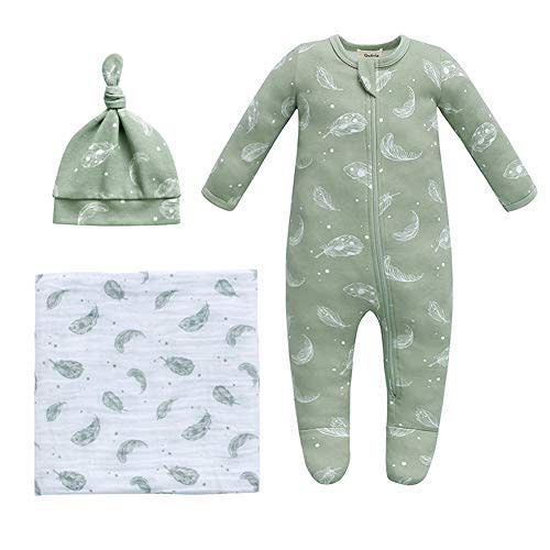Owlivia Organic Take Me Home Outfit Set, Newborn Baby Boy Girl Footed Pajama Hat and Muslin Blanket Gift Set,3 Pcs