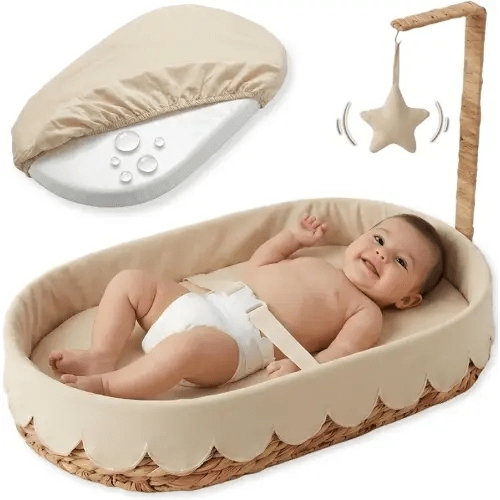 Premium Baby Changing Basket – Handwoven Wicker Basket for Baby – Waterproof Pad + Linen Cover – Scalloped Changing Basket for Baby Dresser - Moses Basket Bassinet -