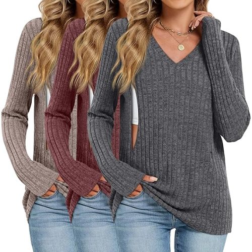 3 Pack Women's Maternity Nursing Tops, V Neck Breastfeeding Sweaters Long Sleeve Hidden Zipper Shirts
