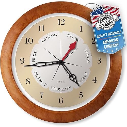 Time & Week-Day Wall Clock with Transparent Frame Ring – Weekly Clock with Days, Hours & Minutes - Ideal Retirement Gift for Men & Women, Maple Accent Frame, 13.5"