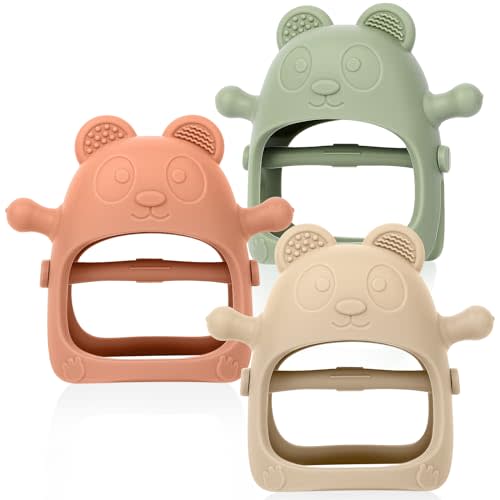 Eascrozn 3 Pack Baby Teething Toys 3 Months+, Silicone Teething Mitten for Babies Anti Drop Wrist Hand Teether, Baby Chew Toys for Sucking Needs