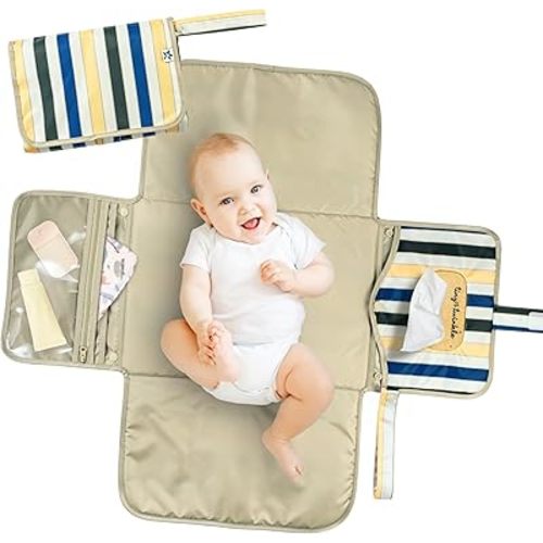 Tiny Twinkle Portable Diaper Changing Pad | Waterproof, Wipeable & Compact Baby Changing Pad for Travel | Smart Wipes Pocket & Organized Storage| Newborn Shower Gift (Retro Stripes)