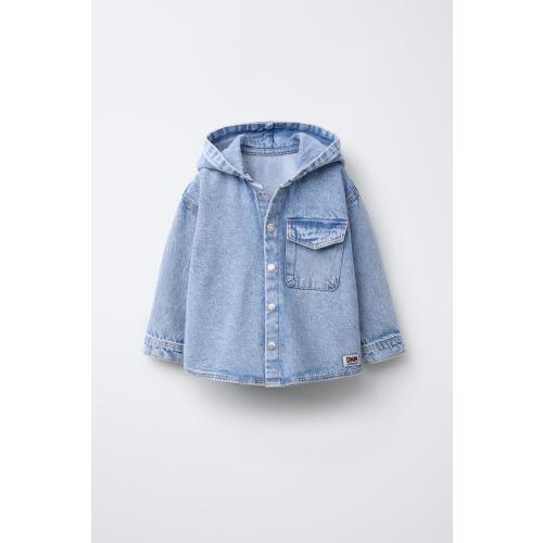 HOODED DENIM OVERSHIRT - Mid-blue | ZARA United States