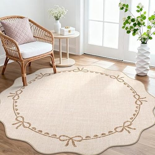 GarveeHome Scalloped Bow Rug for Living Room, 6ft Round Rugs Washable Solid Beige Rug for Dorm Soft Low Pile Non Slip Scalloped Rugs for Nursery Bedroom Decor Hallway Kids Room Playroom