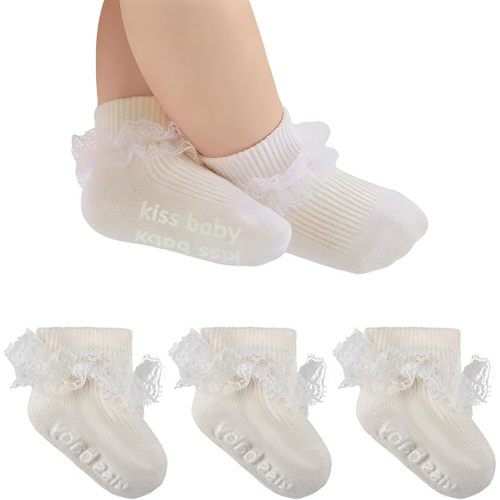 Baby Girl Ruffle Socks with Grips Turn Cuff Ankle Lace Frilly Dress Socks for Newborn/Infant/Toddler/Little Kids