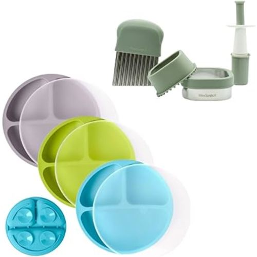 WeeSprout Complete Baby Feeding Bundle - Professional Food Prep Tools & Divided Suction Plates With Lids (3-Pack) - Crinkle, Grape & Sandwich Cutters - Development Specialist-Designed for Mealtime