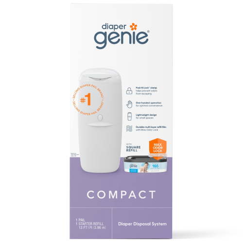 Diaper Genie Compact Pail, 1 Diaper Pail, 1 Square Refill, 165 Count, Infant, White