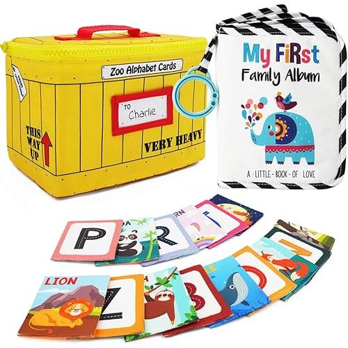 Early Learning Bundle | Baby's My First Family Album, Soft Alphabet Flash Cards, Photo Cloth Book and Animal Cloth Cards Gift Set for Infants Toddler & Kids