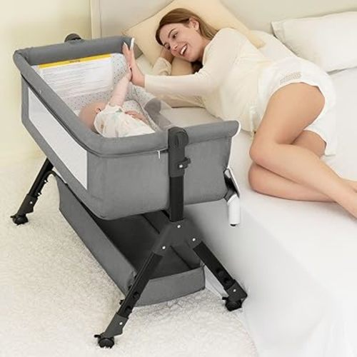 3 in 1 Baby Bassinet Bedside Sleeper, Bedside Crib for Baby, Adjustable Baby Bassinet with Wheels, Storage Basket, Mattress, Easy Assemble & Folding Portable Baby Cradle (Grey)