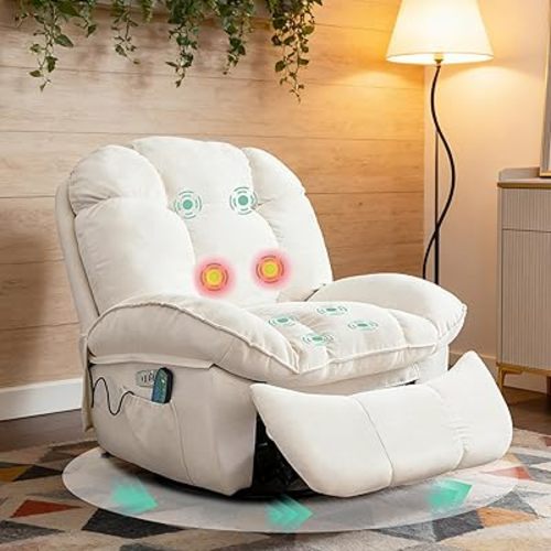 Power Recliner Chair with Massage & Heat, Swivel Rocker Recliner, Electric Recliner with USB & Type-C Ports, Nursery Glider Chair for Living Room, Bedroom, White