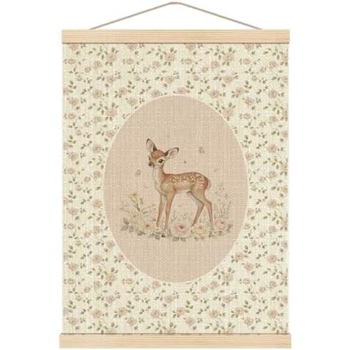 Boat Wades Pink Rose Flower Deer Wall Art Poster Hanger Frame, Cottagecore Floral Botanical Deer Wall Decor for Baby Girl Nursery Toddler Kids Room Bedroom Playroom Home, 12x16 Inch