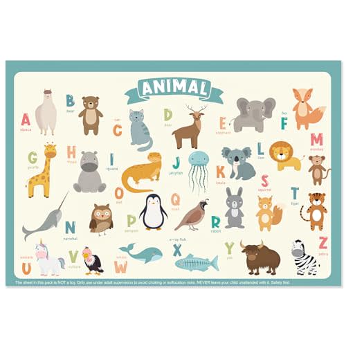 60 Pack Disposable Placemats for Baby & Toddle, Sticky Kids Placemat for Picnic Table, Party, Travel, 12" x 18" Restaurant Table Mats, Animal Alphabet Theme