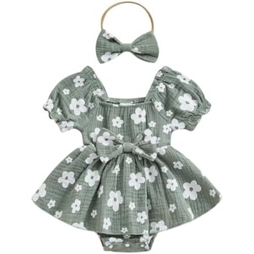 Baby Girls Daisy Romper Bowknot Bodysuit+Headband Short Sleeve Playsuits Floral Jumpsuit Infant Summer Clothes