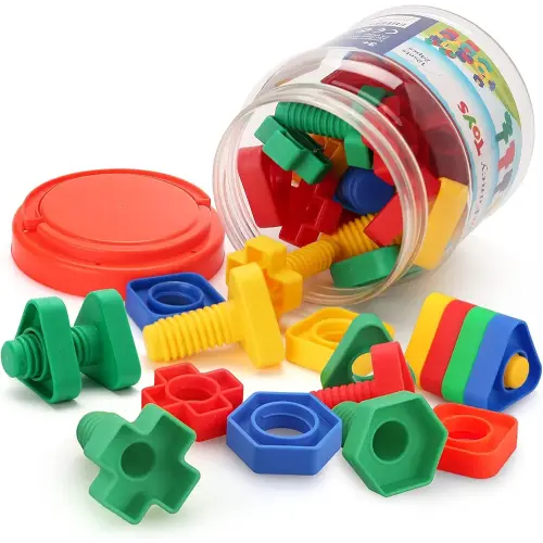 LotFancy Nuts and Bolts, 24pcs Fine Motor Skills Occupational Therapy Toys for Kids, Shapes and Colors Matching Toys, Montessori Building Construction Game with Storage Box for Baby and Toddlers