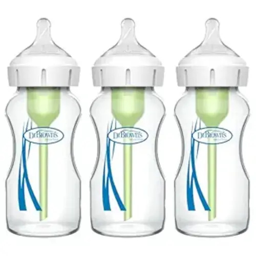 Dr. Brown's Natural Flow Anti-Colic Options+ Wide-Neck GLASS Baby Bottles 9 oz/270 mL, with Level 1 Slow Flow Nipple, 3 Pack, 0m+