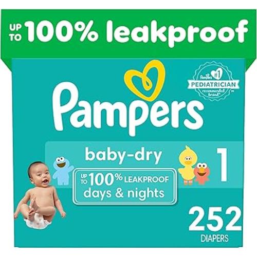Pampers Baby Dry Diapers - Size 1, One Month Supply (252 Count), Absorbent Disposable Diapers