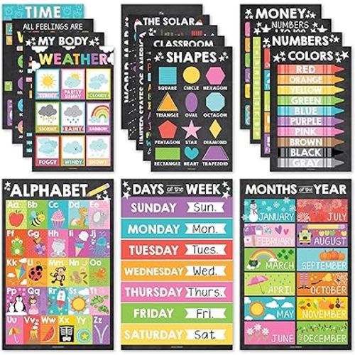 Hadley Designs 16 Educational Posters for Classroom & Kindergarten, Kindergarten Classroom Must Haves, Laminated PreK Learning Chart Materials US & World Map, ABC Alphabet, Shapes, Days of the Week