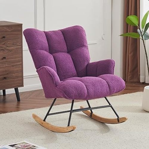 Rocking Chair Nursery Teddy, Upholstered Baby Fluffy Glider Rocker for Adults Small Spaces Indoor, Comfy Sherpa Compact Nursing Chairs for Living Room, Bedroom, Classroom, Purple