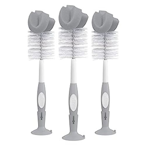 Dr. Brown's Reusable Sponge Baby Bottle Cleaning Brush Set with Suction Cup Stand, Scrubber and Nipple Cleaner, Gray, 3 Pack