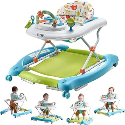VEVOR 4-in-1 Baby Walker, Folding Baby Activity Center with Wheels, 3 Adjustable Height, Music & Toys Tray, Learning-Seated | Walk-Behind | Rocker | Bouncer Toddler Walker for Girls Boys 6-24 Months