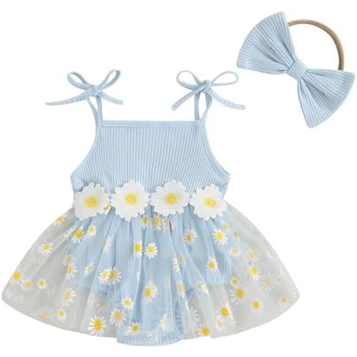 Mubineo Baby Girl Summer Clothes Cute Flower Boho Romper Dress Daisy Skirt Outfits Newborn Sleeveless Rompers Jumpsuit