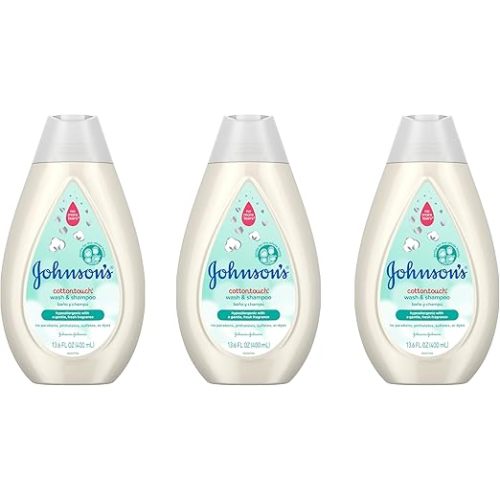 Johnson's CottonTouch Newborn Baby Wash & Shampoo with No More Tears, Sulfate-, Paraben- Free for Sensitive Skin, Made with Real Cotton, Gently Washes Away Dirt & Germs, 13.6 fl. oz, Pack of 3