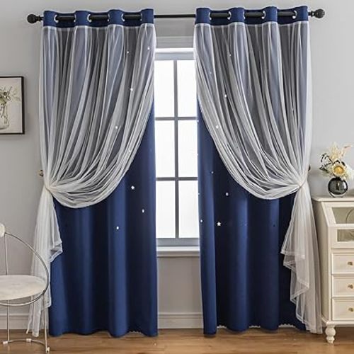Anytime Romantic Kids Curtain,Hollow-Out Stars Window Curtain Double Layer Blackout Curtains for Girls Bedroom Kids Room 2Panel,(W52 x L84,Navy Blue)
